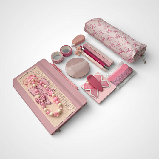 Cute Pink Bow Stationery Gift Set – Notebook, Pens & Pencil Case