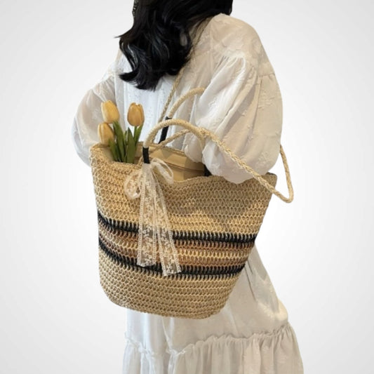 Striped Straw Beach Tote Bag – Summer Shoulder Bag