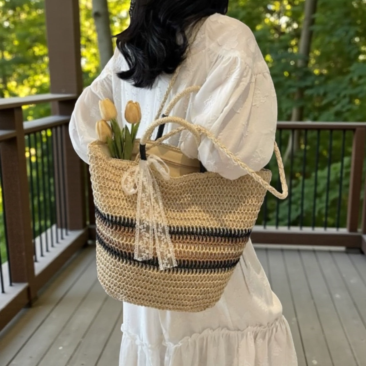 Striped Straw Beach Tote Bag – Summer Shoulder Bag