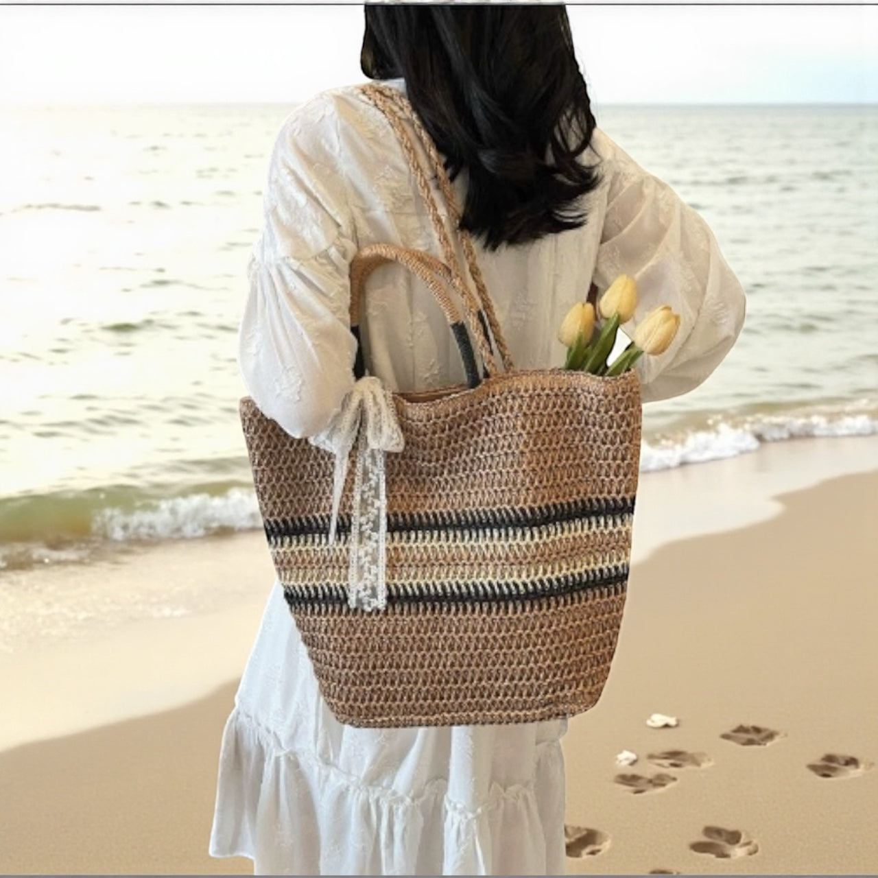 Striped Straw Beach Tote Bag – Summer Shoulder Bag