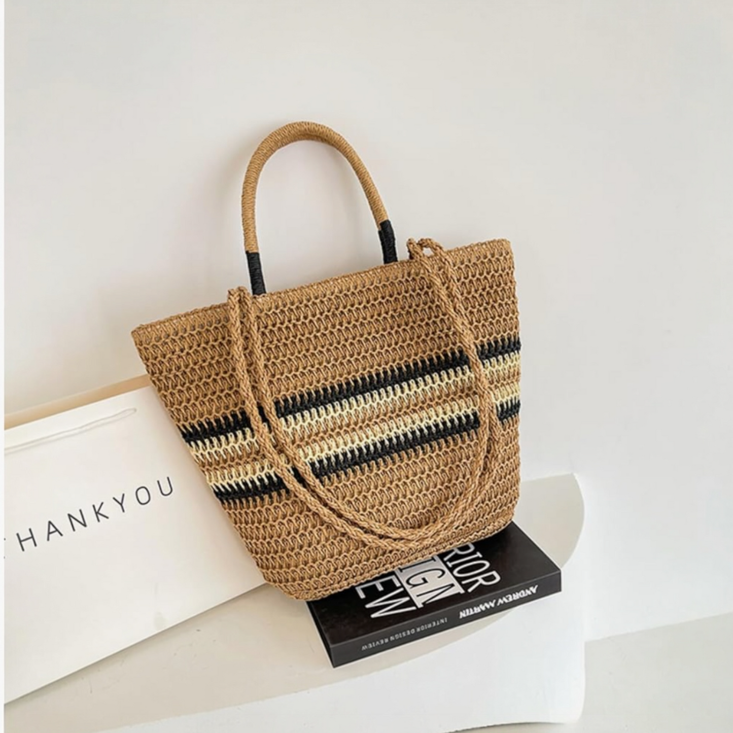 Striped Straw Beach Tote Bag – Summer Shoulder Bag