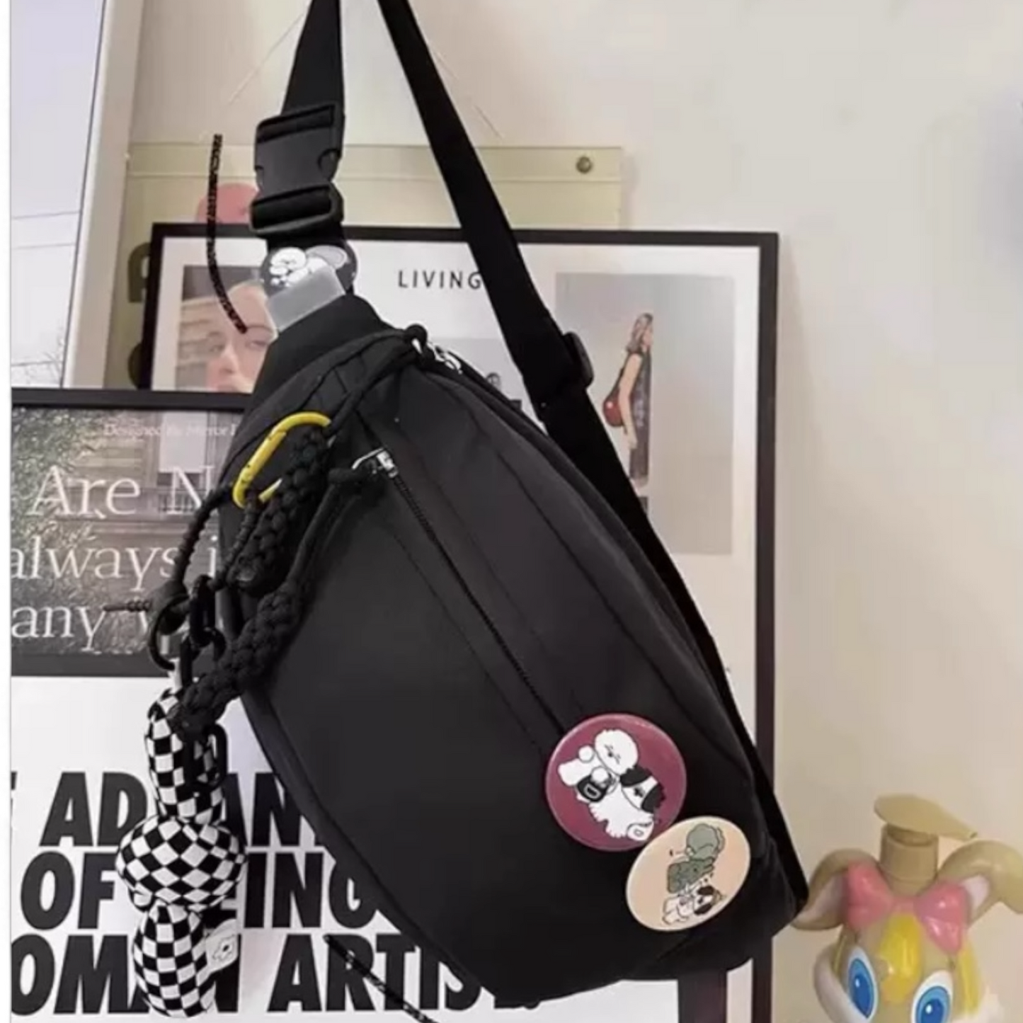 Everyday Crossbody Belt Bag with Cute Bunny Pins – Cream & Black