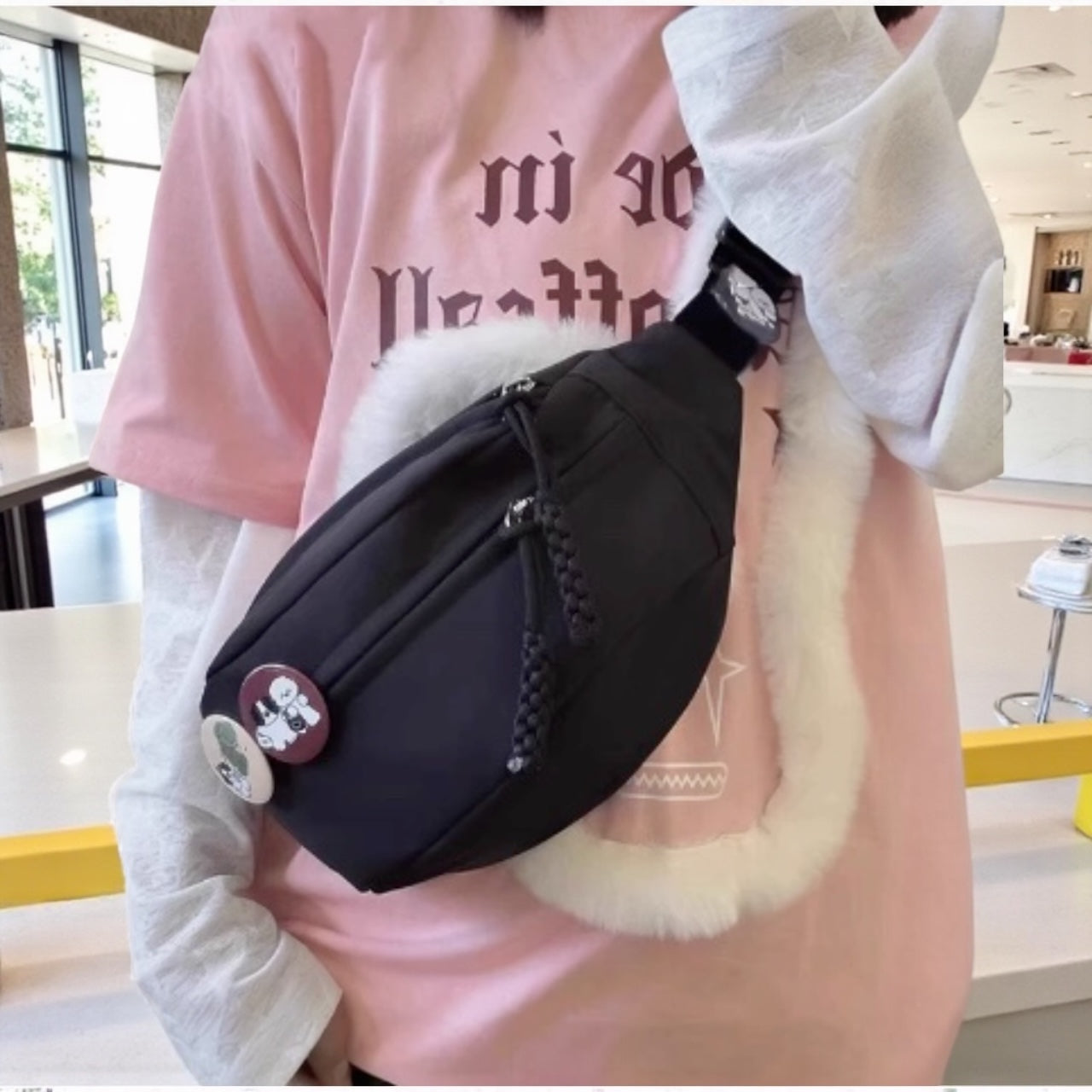 Everyday Crossbody Belt Bag with Cute Bunny Pins – Cream & Black